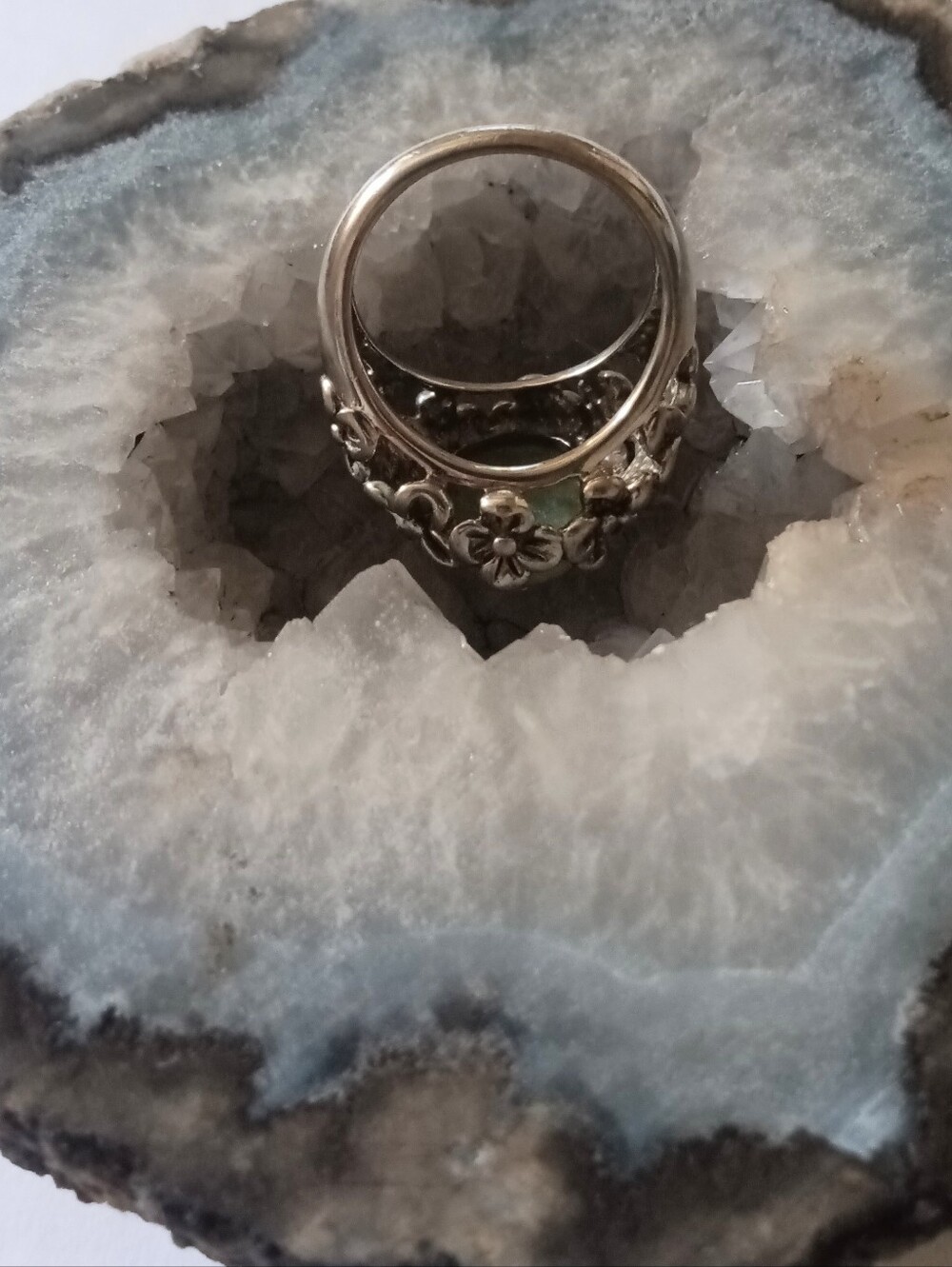 Sterling Silver 925 Oval Green Jade Flower Ring Size 7.5 - Picture 6 of 8
